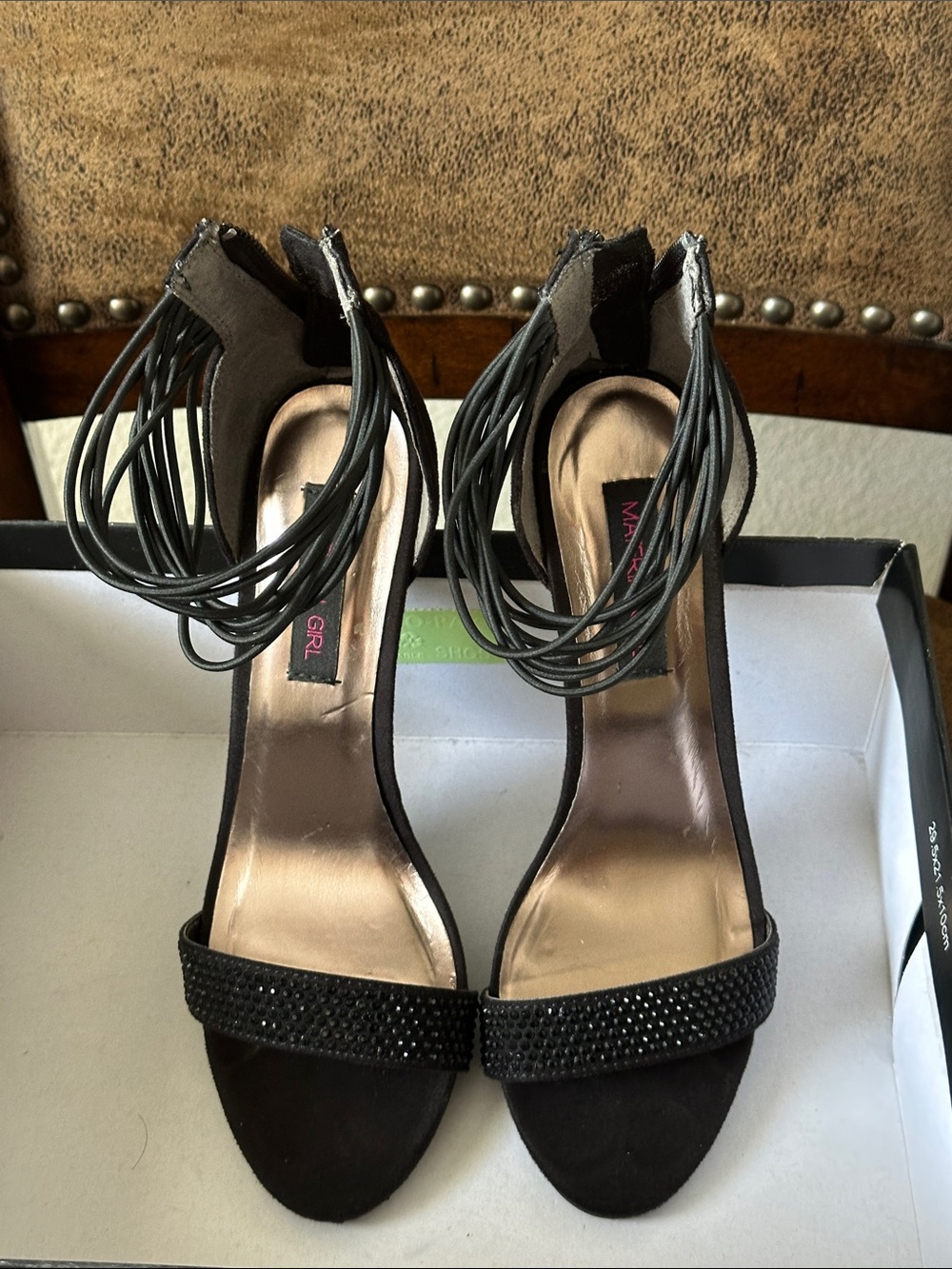 Material Girl Black Rhinestone Open-Toe Ankle-Wrap Heels